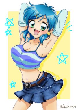 1girls belted_skirt big_breasts blue_eyes blue_hair breasts denim_skirt earrings female hanon_hosho konbutare large_boobs large_breasts large_tits mermaid_melody_pichi_pichi_pitch short_hair short_skirt skirt solo_female star_earrings wholesome young younger_female