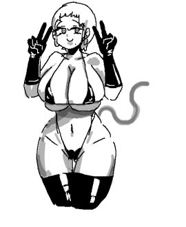 1girls bikini bob_cut breasts double_v female half-closed_eyes large_breasts leebongchun mole mole_under_mouth monochrome original original_character peace_sign short_hair skindentation tail thigh_gap thighhighs v white_background