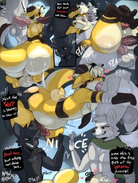 absurd_res anal anal_sex anthro anthro_on_anthro anthro_penetrated anthro_penetrating anthro_penetrating_anthro ass balls bat big_ass big_butt biped black_body black_fur bodily_fluids bottom_heavy canid canine cum cum_inside deepthroat dialogue erection face_fucking fellatio femboy fur furry gay gay_sex genital_fluids genitals girly glans group heart_symbol hi_res humanoid_genitalia humanoid_penis inflation male male/male mammal mawmain muscular open_mouth oral oral_penetration oral_sex penetration penile penile_penetration penis sex speech_bubble spitroast stomach_bulge trio white_body white_fur yellow_body