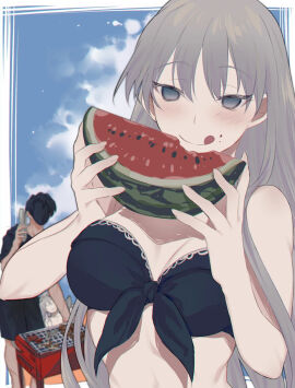 angelica_(library_of_ruina) argalia barbecue bikini bikini_top black_hair black_silence_(library_of_ruina) blue_eyes eating eating_food eating_fruit eating_watermelon food food_on_face fruit grey_hair holding holding_food holding_fruit holding_object holding_watermelon library_of_ruina male mask masked_male project_moon roland roland_(library_of_ruina) smile smiling watermelon watermelon_slice