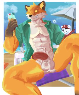 absurd_res bear canid canine clothing dessert epic_games fennix_(fortnite) fluffy food fortnite fox genitals hi_res humanoid_genitalia humanoid_penis ice_cream male male_only mammal penis polar_bear polar_patroller shirt solo t-shirt thick_penis topwear ursine