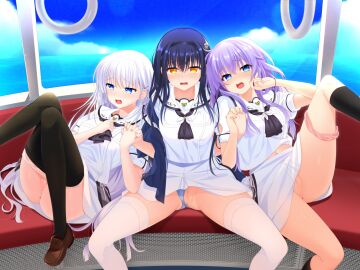3girls anus aroused ascot ass_visible_through_thighs black_ascot black_capelet black_hair black_hairband black_pantyhose black_socks blue_eyes blue_panties blue_sky blunt_ends blush bone_hair_ornament brown_footwear capelet censored clothes_lift clothes_pull clothing_aside commission crossed_bangs day eyes_visible_through_hair feet_out_of_frame female fingernails foot_out_of_frame hair_behind_ear hair_between_eyes hair_ornament hairband hairclip hands_up highres holding_hands indoors interlocked_fingers kneehighs knees_together_feet_apart kushima_kamome leg_lift loafers long_hair looking_at_viewer lying mosaic_censoring multiple_females multiple_girls naruse_shiroha navel nose_blush ocean official_alternate_costume official_style on_back open_mouth otou_(otou_san) panties panties_around_one_leg panties_aside pantyhose pantyhose_pull pink_panties puffy_short_sleeves puffy_sleeves purple_hair pussy raised_eyebrows ringed_eyes sailor_collar saliva school_uniform serafuku shirt shoes short_sleeves side-by-side sidelocks sitting skeb_commission skirt skirt_lift skull_and_crossbones skull_hair_ornament sky socks sorakado_ai spread_legs straight_hair summer_pockets teeth thighhighs thighs underwear upper_teeth variant_set white_hair white_sailor_collar white_serafuku white_shirt white_skirt white_thighhighs window yellow_eyes zettai_ryouiki