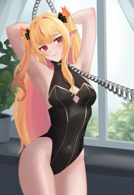 1girls 2d 2d_(artwork) arms_behind_head blonde_hair bondage bound breasts chains curtains day estebaneishon1 eternals_(idol_corp) female female_focus female_only femsub front_view idol_corp idol_es indoors latam_virtual_youtuber light-skinned_female light_skin long_hair looking_at_viewer low_resolution lowres medium_breasts pointy_ears red_eyes red_hair ruby_runeheart slim_female solo solo_female solo_focus standing tight_clothing two-tone_hair virtual_youtuber vtuber vtuberfanart window