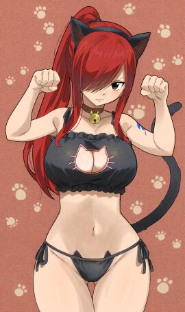 arm_tattoo bell_collar blue_tattoo cat_ears cat_girl cat_lingerie cat_tail catgirl erza_scarlet fairy_tail fairy_tail_mark female gaston18 paw_pose red-haired_female red_hair tattoo