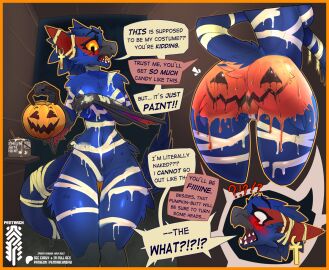ankh anthro big_breasts blue_body blue_fur blush bodypaint border breasts capcom covering covering_breasts dialogue dragon ear_piercing embarrassing_exposure english_text european_mythology featureless_crotch female flying_wyvern fur genitals halloween hi_res holidays huge_thighs jack-o'-lantern mammal monster_hunter mummy_costume mummy_wrappings mythological_creature mythological_scalie mythology nargacuga offscreen_character orange_border pentarch piercing pumpkin_butt raised_tail scalie sharp_teeth small_waist solo speech_bubble tail teeth text thick_thighs trick-or-treating vulva western_dragon wide_hips wyvern yellow_eyes