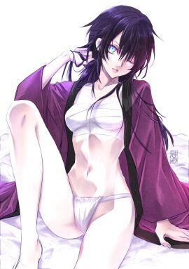aqua_eyes breasts cross_guilty dark_hair dark_purple_hair female female_only fundoshi genderswap genderswap_(mtf) gintama japanese_clothes kimono light-skinned_female light_skin long_dark_purple_hair long_hair looking_at_viewer one_eye_closed open_kimono pale-skinned_female pale_skin purple_hair rule_63 sarashi sitting skinny slim_waist small_breasts solo takasugi_shinsuke