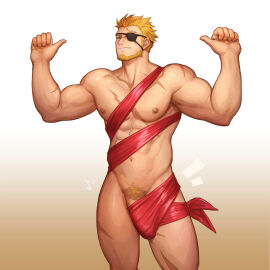 1boy abs bara biceps blonde_hair bulge christmas eyepatch feet_out_of_frame gyee highres kulolin male male_focus markus_(gyee) masculine_male mature_male meme muscular muscular_male nipples nude nude_guy_wrapped_in_ribbons_standing_(meme) pectorals penis penis_base pubic_hair ribbon scar scar_on_face simple_background smirk solo spiked_hair teeth thick_arms thick_eyebrows thick_thighs thighs yaoi yellow_eyes