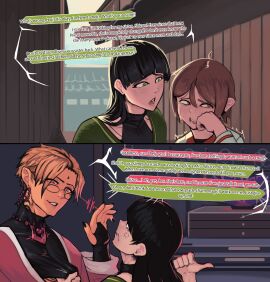 1girls 2024 2boys amulet angry black_hair black_nails bodystocking boxman brown_hair clothed clothed_female clothed_male comic crying dialogue english_text eyewear female fingerless_gloves glasses green_eyes hi_res high_resolution highres long_hair male mole mole_under_eye mole_under_mouth oc orange_hair original priest skintight tears text text_focus