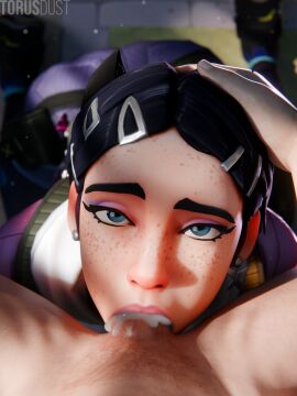 1boy 1girls 3d 3d_(artwork) big_penis blowjob clove_(valorant) cum cum_down_throat cum_in_mouth cum_in_throat cute deepthroat eye_contact female freckles hand_on_another's_head male oral petite pov pov_blowjob riot_games slim tagme throatpie torusdust valorant