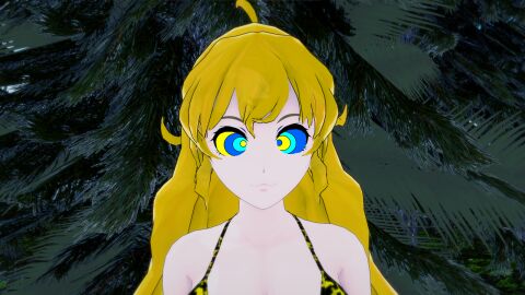 3d bikini blonde_hair breasts eyes_crossed female hypnosis kaa_eyes koikatsu large_breasts leopard_print long_hair mind_control mrkoiru open_mouth outdoors pale_skin resisting rwby smile the_jungle_book weak_resistance yang_xiao_long