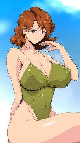 1girls 2019 absurd_res arm_behind_back blue_eyes breasts brown_hair cleavage cloud covered_navel erect_nipples erect_nipples_under_clothes female female_only green_swimsuit highleg highleg_swimsuit highres kaori_(super_real_mahjong) large_breasts looking_to_the_side mature_female mole mole_under_eye nipple_bulge nipples one-piece_swimsuit outdoors pointy_chin sakura_na_omiki short_hair sitting sky smile solo super_real_mahjong super_real_mahjong_p4 swimsuit thick_thighs thighs wide_hips