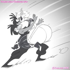 1boy 2024 2d 2d_(artwork) 2d_artwork ass big_ass big_butt blonde_hair breasts chickpea dark-skinned_male dark_skin digital_drawing_(artwork) duo expressive_mask eyemask fat_ass female hair horns huge_ass huge_butt kissing looking_at_another looking_at_partner male masked_female massive_ass miss_x_(chickpea) monochrome on_top on_top_of_another original original_character original_characters straight superhero superhero_costume superheroine supervillain supervillainess villain villainess