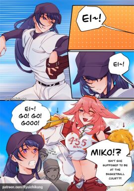 2girls baseball_cap baseball_uniform cheerleader cheerleader_outfit cheerleader_uniform comic female fully_clothed genshin_impact raiden_shogun ryuichikung text yae_miko yuri