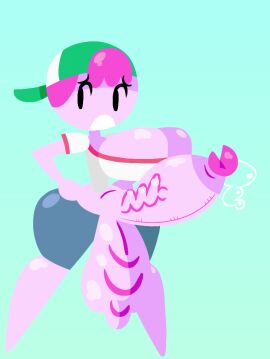 adventure_time artstyle_imitation backwards_baseball_cap balls cartoon_network exposed_penis female futanari hyper intersex leaking_precum lottieplus mr_artstyle_(artist) nervous penis pink_skin precum princess_bubblegum sagging_balls shorts t-shirt tomboy veiny_penis wardrobe_malfunction