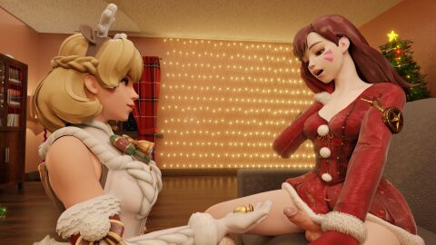1futa 1girls 3d alternate_costume anal_plug blonde_hair brown_hair buttplug christmas christmas_outfit christmas_tree d.va detached_sleeves dress female futanari hornywitches3d intersex jingle_belle_mercy light-skinned_futa light_skin mercy overwatch penis penis_out short_hair