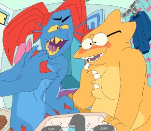 2d 2girls alphys bathroom blush breasts completely_nude couple featureless_breasts female female_only fish_girl humanoid lizard_girl lizard_humanoid nude nude_female peeppepi tagme undertale undertale_(series) undyne
