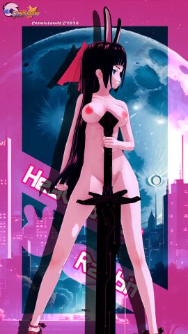 1girls 3d 9:16 anime_style black_hair breasts cosmixlewds covering_crotch female fighting_stance heavyblade_(rabbit_and_steel) hi_res koikatsu light-skinned_female light_skin naked nipples nude nude_female rabbit_and_steel rabbit_ears rabbit_girl red_eyes sword text watermark