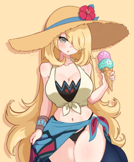 1girls ass big_ass big_breasts big_butt big_thighs big_titties bikini breasts clothing curvaceous curvaceous_female curvaceous_figure curvy curvy_figure curvy_hips cynthia_(pokemon) cynthia_(summer_2025)_(pokemon_masters) ducktracio female female_focus female_only food ice_cream long_hair looking_at_viewer navel nintendo pokemon pokemon_masters pokemon_masters_ex yellow_hair