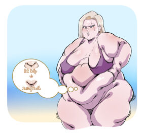 1girls android android_18 ass belly_bigger_than_head belly_bulge bikini blonde_hair blue_eyes blush bra chubby chubby_female dragon_ball dragon_ball_z fat fat_ass female female_focus focus huge_belly huge_female hyper_fat liquidy_fat obese obese_female overweight overweight_female short_hair ssbbw thick_thighs thong weight_gain wide_hips