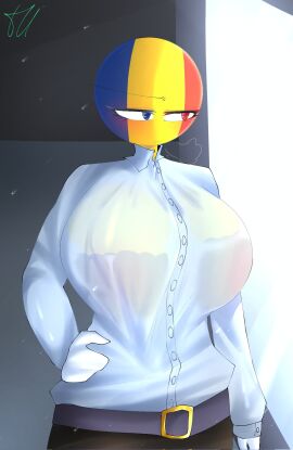 1girls 44waa29304 breasts clothed countryhumans countryhumans_girl female hand_on_hip huge_breasts multicolored_eyes nipples_visible_through_clothing no_sex romania_(countryhumans) sfw tagme tired_expression tired_eyes
