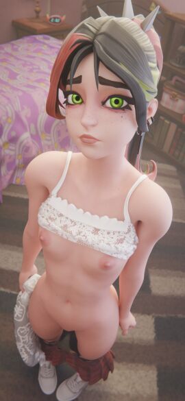 bedroom bra bra_lift bra_up exposed_breasts flat_chest fortnite helsie_(fortnite) holding_shirt imminent_sex looking_at_viewer looking_up mostly_nude nervous panties_down pussy pussy_peek running_mascara skirt skirt_down small_breasts smaller_female stomach tiny_female tiny_waist tm04 tummy undressed