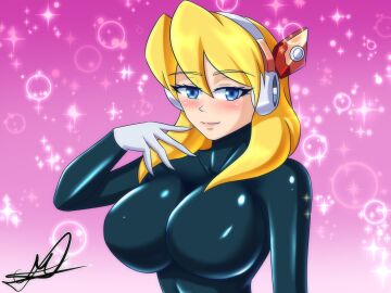 1girls alia alternative_version big_breasts black_body blonde_hair blue_eyes blush breasts female long_hair mega_man mega_man_x robot_girl rockartistz solo solo_female white_gloves