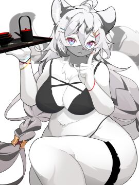 2023 3:4 5_fingers :< absurd_res accessory ahoge anthro belly_tuft beverage big_breasts biped black_bra black_claws black_clothing black_underwear bra bracelet braided_hair breasts chest_tuft claws cleavage clothed clothing colored curvy_figure digital_media_(artwork) dipstick_tail eyelashes felid female female_anthro finger_claws fingerpads fingers front_view fur glistening glistening_eyes grey_body grey_ears grey_fur grey_hair grey_pawpads grey_tail grey_tail_tip hair hair_accessory hairclip hannah_(mahjong_soul) hi_res holding_object holding_tray humanoid_hands jewelry kemono legband long_hair long_tail looking_at_viewer mahjong_soul mammal markings maru_mao_(artist) midriff multicolored_body multicolored_ears multicolored_fur multicolored_hair multicolored_tail navel navel_tuft pantherine pawpads pink_eyes pink_nose pink_pawpads portrait pupils purple_pupils serving_tray shaded simple_background sitting slightly_chubby solo tail tail_markings tea thick_thighs thighband thong_straps three-quarter_portrait tiger tuft twintails_(hairstyle) two-tone_body two-tone_ears two-tone_fur two-tone_hair two-tone_tail underwear underwear_only veil voluptuous white_background white_body white_ears white_fur white_hair white_inner_ear white_tail wide_hips