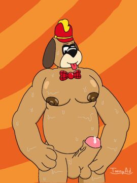 anthro balls beagle buff canine fleegle_(banana_splits) furry leaking_cum male male_only nipples penis precum slightly_chubby sweat the_banana_splits tounge_out