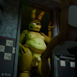 2boys animatronic anthro balls caught erection five_nights_at_freddy's fnaf gay green_eyes human imminent_sex living_machine looking_at_another male male/male male_only moobs night_guard_(fnaf) nude penis rabbit robot scottgames smaller_male spring_bonnie_(fnaf) yellow_body z_hado