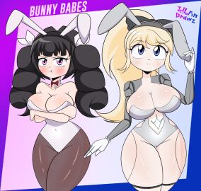 2girls android black_hair blonde_hair blue_eyes breasts bunnysuit dol_(jellopindrawz) female jellopindrawz large_breasts pink_eyes ringlets tagme timelia