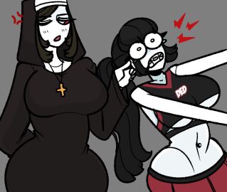 2girls big_breasts braces breasts cheerleader cheerleader_outfit cheerleader_uniform female funny larger_female light-skinned_female light_skin midriff milf mother_and_daughter nun nun_hat nun_outfit older_female original pale-skinned_female pale_skin pulling_ear saltynoodles smaller_female taller_female underboob veronica's_mother_(saltynoodles) veronica_(saltynoodles) younger_female