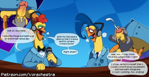 2024 2boys anthro avian balls balls_grab beak bird bodily_fluids breath chick_gizzard_lips chicken close-up clothed clothing crash_(series) crash_tag_team_racing crash_team_racing_nitro-fueled cum cumshot desk dialogue disembodied_hand duo duo_focus ejaculation electronics english_text feet foreskin furniture galliform gallus_(genus) genital_fluids genitals gradient_background grope group hair hand_on_balls hand_on_penis headphones humanoid_genitalia humanoid_penis inside looking_pleasured male male/male male_only masturbation microphone necktie orgasm orgasm_face panting pantsless penis penis_grab phasianid public shaded simple_background spread_legs spreading stew_(crash_series) suit_jacket table text uncircumcised url vein veiny_penis video_games vorechestra watermark yellow_body