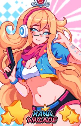 belly_button blonde_hair blue_eyes booty_shorts card_(medium) checkered_background cropped_jacket female flat_stomach gamer_girl glasses gun hands_on_headphones headphones holding_gun kana_fujisawa looking_to_the_side nerdy_female pixel_art scarf solo stars tank_top yumykon yumyverse yumyverse_collectible_cards