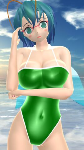 1girls 2023 3d antennae_(anatomy) belly_button blue_eyes blue_sky blush breasts cleavage clouds female firefly glasses green_swimsuit hati_yukkuri_mmd imperishable_night insect_wings light-skinned_female light_skin mmd outdoors sea sky solo_female solo_focus swimsuit teal_hair touhou water wings wriggle_nightbug youkai