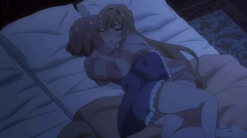 100_kanojo 2girls animated animated_gif ass bandai_namco bare_legs barefoot bed blonde_hair blush closed_eyes dark embrace female female/female female_focus female_only gif_artifacts hanazono_hakari hug inda_karane indoors kimi_no_koto_ga_dai_dai_dai_dai_daisuki_na_100-nin_no_kanojo kissing legs long_hair looping_animation medium_hair multiple_females multiple_girls nose_blush off-shoulder_shirt on_bed pajamas passionate pillow pink_hair screencap short_hair sleeping striped_shirt the_100_girlfriends_who_really_really_really_really_really_love_you very_long_hair yuri