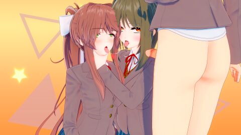 1boy 2girls 3d big_penis bisexual bisexual_female coral_brown_hair cupping_chin doki_doki_literature_club dominant_female edit fan_character female fully_clothed_female green_eyes green_hair half-dressed himari_(doki_doki_literature_club) holding_chin human human_female human_male human_only imminent_oral koikatsu light-skinned_female light-skinned_male light_skin looking_at_penis looking_up_at_partner male monika_(doki_doki_literature_club) pants_down penis red_eyes saliva_trail school_uniform sticking_out_tongue sticking_tongue_out submissive_female tounge_out unknown_male unseen_male_face unseen_prey yuri