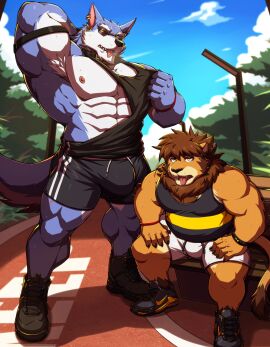 2024 abs absurd_res anthro armband armpit_hair bench biceps black_bottomwear black_clothing black_footwear black_shirt black_shoes black_shorts black_sneakers black_tank_top black_topwear black_wristband blue_body blue_fur blue_sky bodily_fluids body_hair bottomwear brown_body brown_fur brown_hair brown_mane bulge canid canine canis clothing clothing_pull cloud collar day dislyte drks duo ear_piercing ear_ring eyewear felid footwear freddy_(dislyte) fur hair hi_res lilith_games lion male male/male mammal mane multicolored_body multicolored_fur muscular muscular_anthro muscular_male obliques on_bench outside pantherine pants park pattern_bottomwear pattern_clothing pattern_pants pattern_shirt pattern_topwear pecs piercing plant ring_piercing ross_(rossciaco) serratus shirt shirt_pull shorts sitting sitting_on_bench sky slightly_chubby slightly_chubby_anthro slightly_chubby_male street_lamp striped_bottomwear striped_clothing striped_pants striped_shirt striped_topwear stripes sunglasses sweat tail tail_tuft tank_top topwear topwear_pull track tree tuft two-tone_body two-tone_fur white_body white_bottomwear white_clothing white_fur white_shorts white_stripes wolf yellow_eyes yellow_stripes