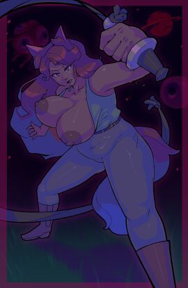 1girls animal_humanoid big_breasts boobs_out boobs_popping_out breasts clothed female fox_ears fox_girl fox_tail geowaffle monster_girl slightly_chubby terraria thick_thighs whip zoologist_(terraria)