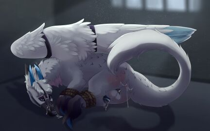 absurd_res after_anal after_sex anus ass backsack balls ballsack blue_eyes blue_penis bodily_fluids bondage bound butt_slap chastity_cage chastity_cage_only chastity_device chastity_device_only crazydonkey cum cum_drip cum_in_ass cum_inside cum_on_snout dim_lighting dragon dripping feathered_wings feathers feral fur furred_dragon furred_scalie gag genital_fluids genitals hair helpless hi_res horn icyr legs_together light long_neck male metal_chastity_cage moonlight muzzle_(object) muzzle_gag muzzled mythological_creature mythological_scalie mythology nude on_ground penis precum precum_drip prison prison_bars prison_cell prisoner reddened_butt restrained restrained_arms restrained_legs restrained_wings restraints rope rope_bondage scalie sex_slave shadow side_view slap slave solo spanking tail tail_tuft tuft whip_mark whip_mark_on_butt whip_mark_on_genitals white_body white_fur white_hair window wings wings_tied