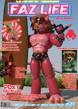 advertisement animatronic anthro anthrofied artist_logo artist_name artist_signature bonnie_(fnaf) brown_hair bulge chica_(fnaf) ear_piercing english english_text eyepatch facial_markings female five_nights_at_freddy's five_nights_at_freddy's:_security_breach fnaf fox foxy_(fnaf) fredbear_(fnaf) freddy_(fnaf) glamrock_foxy_(fnaf) golden_freddy_(fnaf) golden_nails hook hook_hand long_hair looking_at_viewer magazine magazine_cover male male_focus male_only muscular muscular_anthro muscular_arms muscular_male muscular_thighs piercings plush plushie posing posing_for_picture posing_for_the_viewer pubic_hair purple_eyes red_body robot robot_joints scottgames sondinker_fazbear's spring_bonnie_(fnaf) steel_wool_studios surfboard tagme tail yellow_eyes