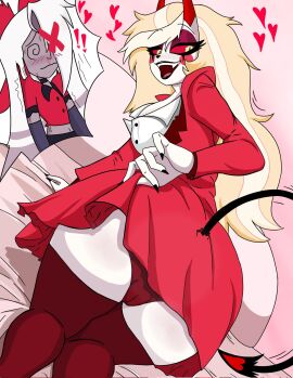 angel canon_couple charlie_morningstar_(hazbin_hotel) demon demon_girl demon_horns demon_tail fangs female hazbin_hotel lifting_dress panties red_panties tagme_(artist) teasing the_titan_draw thetitn20119578 upskirt vaggie_(hazbin_hotel)