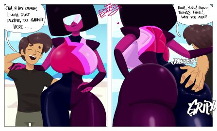 1boy 1girls afro ass ass_focus ass_grab beach beach_background big_ass big_breasts big_butt big_muscles big_thighs breasts butt_focus butt_grab cartoon_network comic comic_page comic_panel english english_text female garnet_(steven_universe) glasses grabbing grabbing_ass grabbing_from_behind groping huge_ass huge_breasts huge_butt huge_thighs jamie_(steven_universe) male milf muscles nervous pink_body pink_skin purple_body purple_skin size_difference smile smiling snu-snu stealth_ass_grab steven_quartz_universe steven_universe sunglasses taller_female text thedorodaddy thick thick_ass thick_butt thick_hips thick_thighs unaware viewed_from_below warner_brothers wide_hips wide_thighs