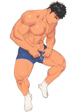1boy bara bare_pectorals gay gay_male large_pectorals male male_focus male_only muscular muscular_male original original_character pectorals short_hair shorts thick_eyebrows yaoi youchi123