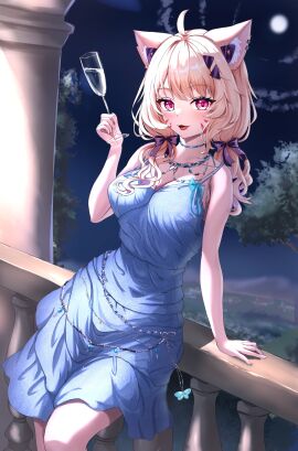 1girls :d ahoge animal_ear_fluff animal_ears bangs bare_arms bare_shoulders blonde_hair blue_dress blush bow breasts cat_ears cat_girl cat_tail catgirl choker cleavage collarbone cup dress drinking_glass eyebrows_visible_through_hair face_markings facial_mark female hair_bow hair_ornament hair_ribbon jewelry large_breasts long_hair looking_at_viewer low_twintails medium_breasts necklace night open_mouth pink_eyes purple_eyes red_eyes ribbon sitting sleeveless sleeveless_dress smile solo squchan_(vtuber) twintails virtual_youtuber vyugen