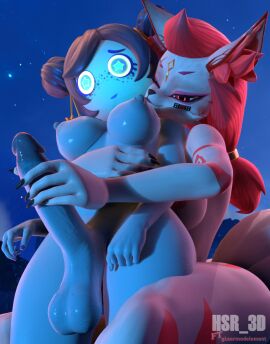 1futa 2girls 3d anthro anthro_female black_nails blue_body blue_eyes blue_hair blue_skin body_markings breasts explorer_luna female fortnite fortnite:_battle_royale fox freckles freckles_on_face furry futanari grabbing_from_behind holding_penis hsr_3d intersex kimiko_(fortnite) kimiko_five-tails kimiko_five_tails kitsune penis pink_eyes pink_hair purple_nails star_shaped_pupils tagme tail white_body