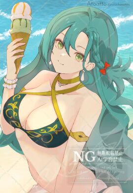 1girls alluring alternate_costume aqua_hair atoatto bare_shoulders beach big_breasts bikini blue_sky bow braid chloe_(fire_emblem) cleavage closed_mouth cloud criss-cross_halter earrings fire_emblem fire_emblem_engage food green_bikini green_eyes halterneck holding holding_ice_cream_cone ice_cream ice_cream_cone intelligent_systems jewelry long_hair nintendo outside side_braid sky smile swimsuit teardrop_earrings upper_body