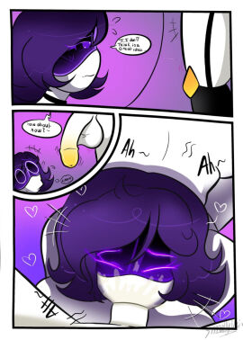 balls ballsack blowjob darkxmoza_off disassembly_drone female futa_on_female futanari intersex j_(murder_drones) murder_drones oral penis penis_awe purple_eyes purple_hair text uncensored uzi_(murder_drones) worker_drone yellow_glans