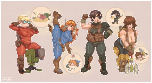 2d_(artwork) 4girls belly breasts deep_rock_galactic dwarf dwarf_female female full_body fully_clothed imz_ijstal melee_weapon pointy_ears red_hair short_hair shortstack standing_split thick_thighs
