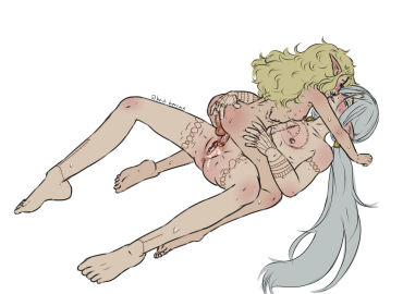 1cuntboy 1futa anal_fingering ass balls blonde_hair breasts cum cum_on_pussy cuntboy dungeon_meshi elf fleki_(dungeon_meshi) futanari grey_hair heidibiersack intersex lycion penis pussy trans_man trans_woman transfem transmasc