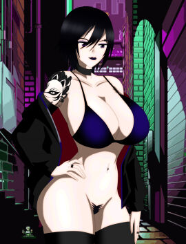 1girls akinama_family_(noir-black-shooter) big_breasts breasts dark_blue_hair female huge_breasts naoki_akinama_(noir-black-shooter) no_panties noir-black-shooter oc original original_character purple_eyes purple_hair short_hair tattoo tattooed_arm